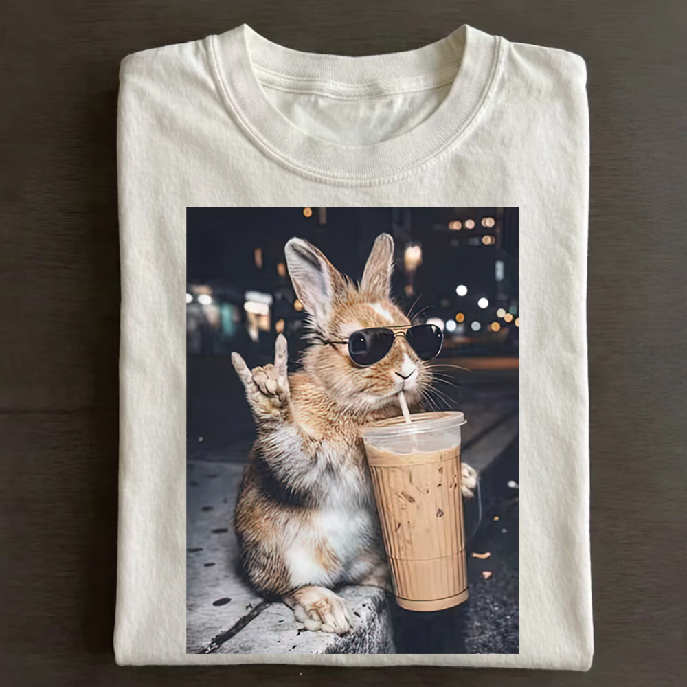 Cute Bunny Iced Coffee Casual Cotton T-Shirt 