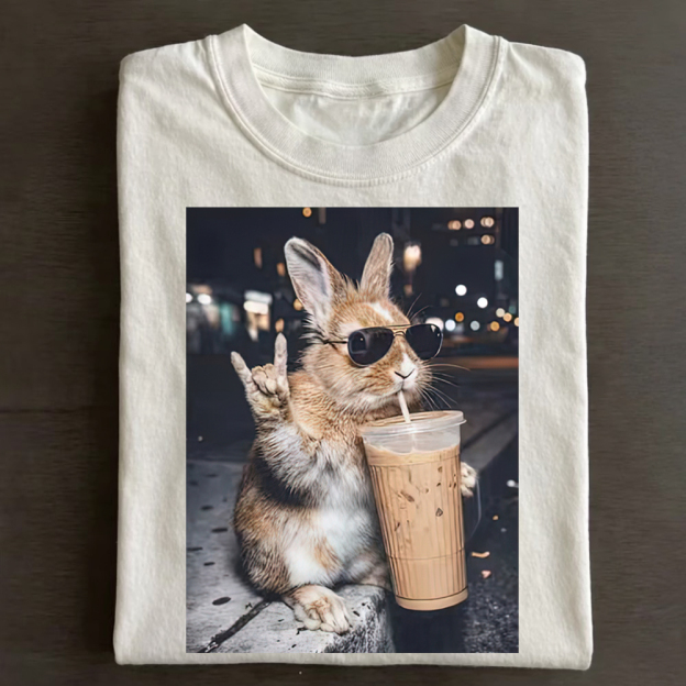 Cute Bunny Iced Coffee Casual Cotton T-Shirt 