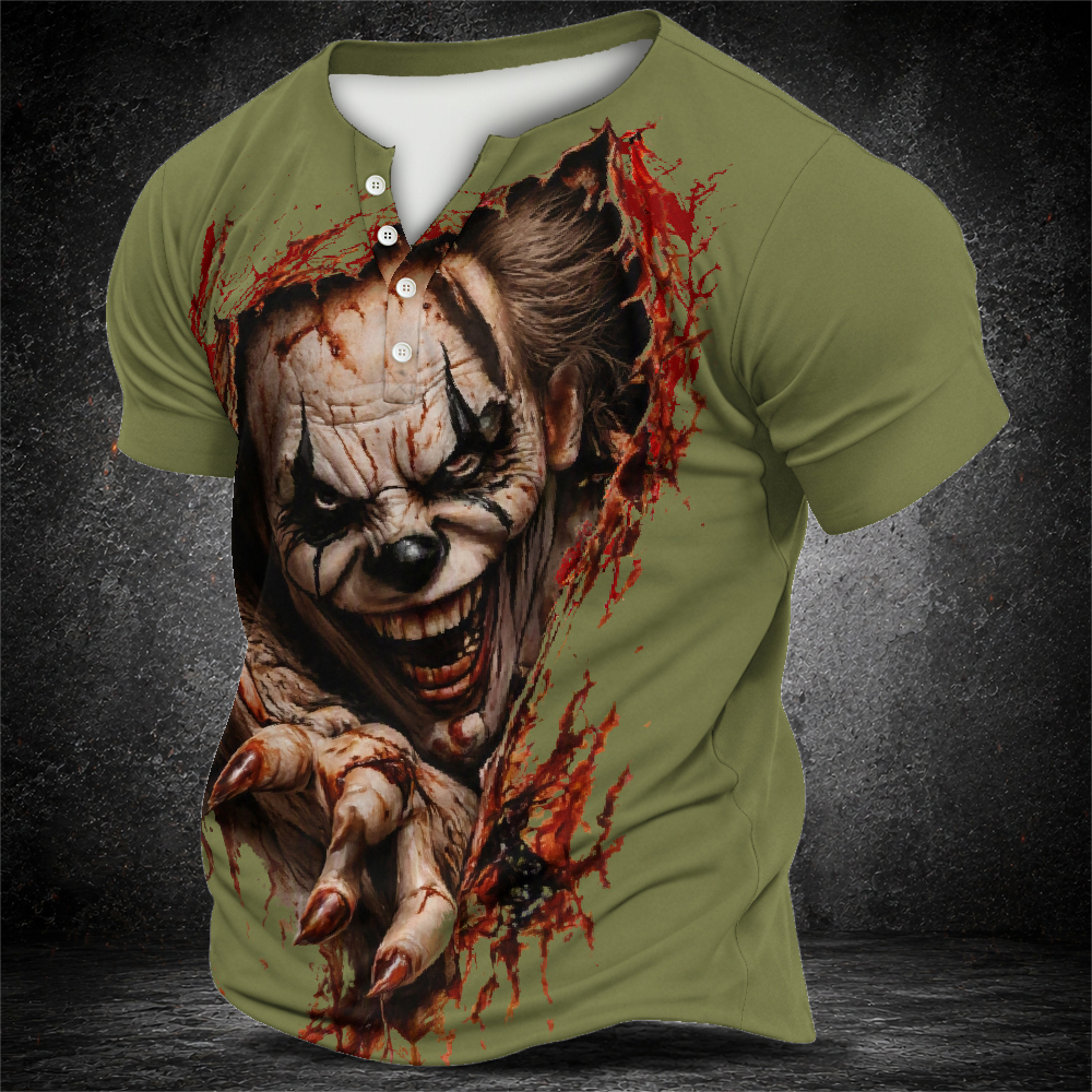 Halloween Men's Optical Illusion Creepy Clown Half-Placket Casual T-Shirt 