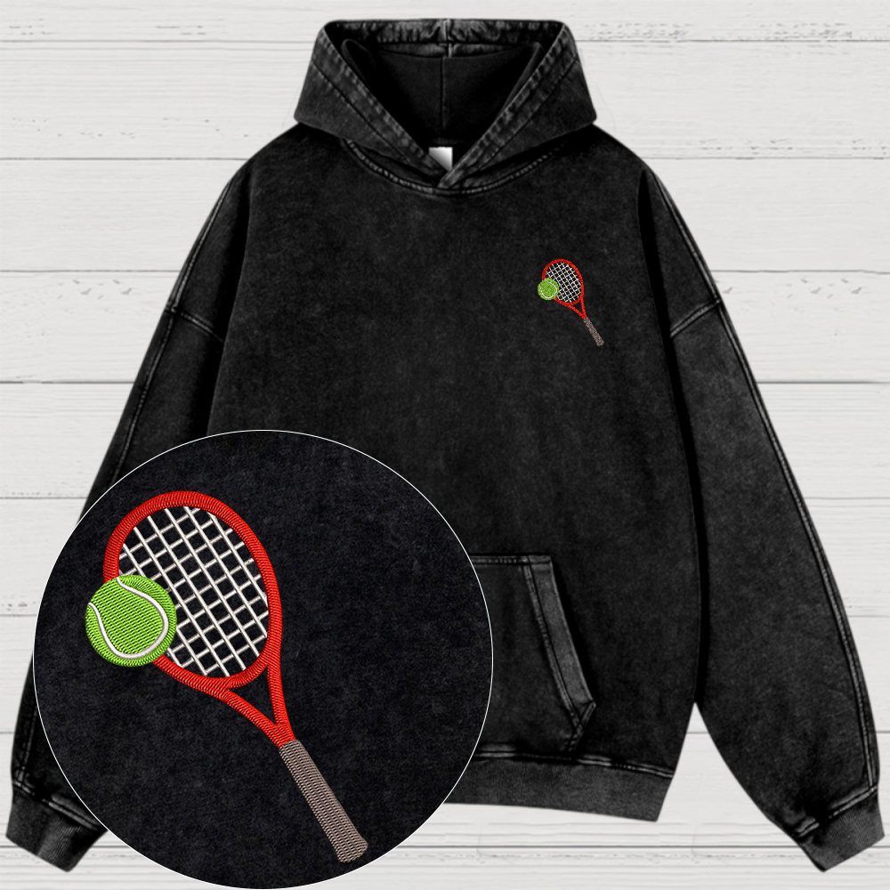 Big Tennis Racket with Ball Embroidery Washed Hoodies 
