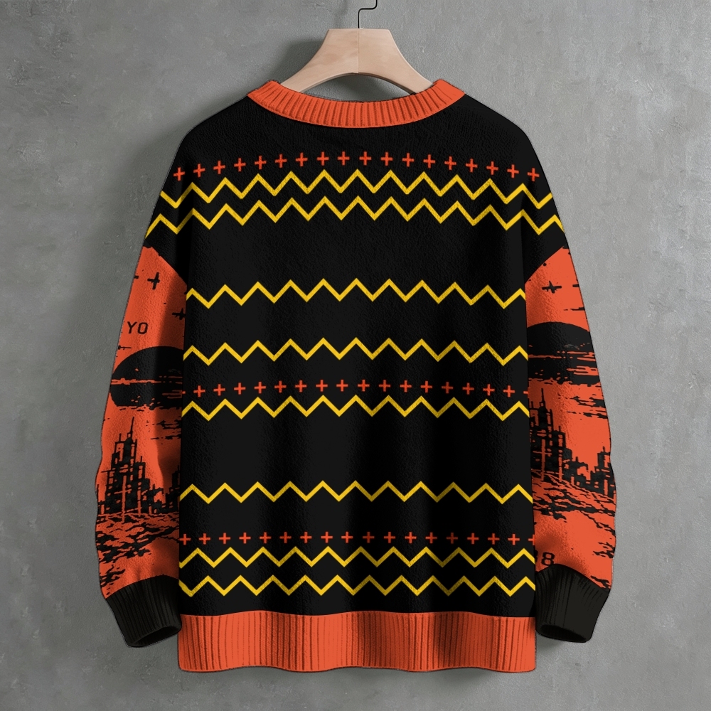 Retro Apocalyptic Explosion Graphic Crew Neck Sweater Ugly Sweater