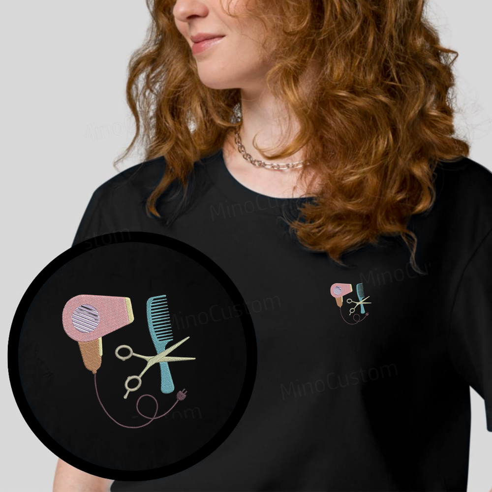 Embroidery hair dryer, scissors, comb organic cotton t-shirt unisex simple design