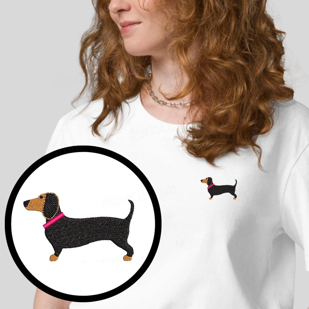 Embroidered Dachshund Organic Cotton T-shirt Unisex Simple Design