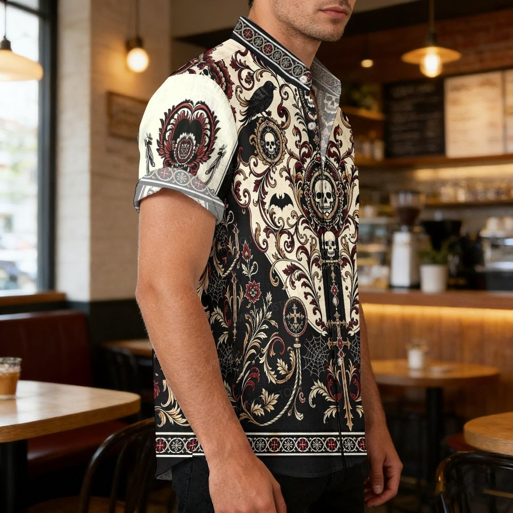 Men's Gothic Halloween Symmetrical Skull And Cross Combo Short-sleeve Shirt