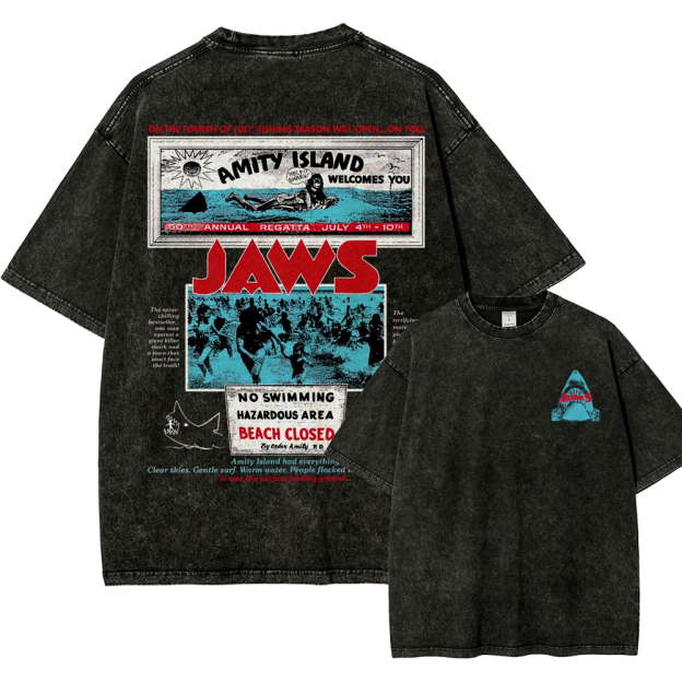 Jaws Movie Amity Island Retro Graphic  Washed T-Shirt 
