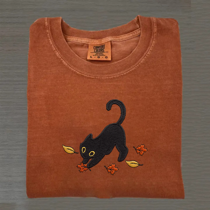 Cat Pouncing Leaves Embroidered T-shirt
