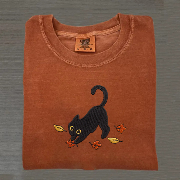 Cat Pouncing Leaves Embroidered T-shirt
