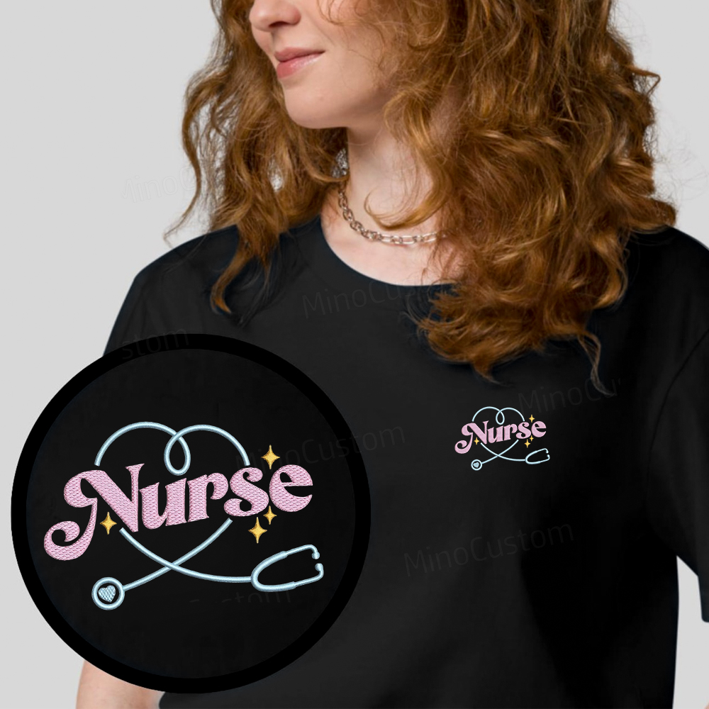 Embroidered Nurse Organic Cotton T-Shirt Unisex Minimal Design