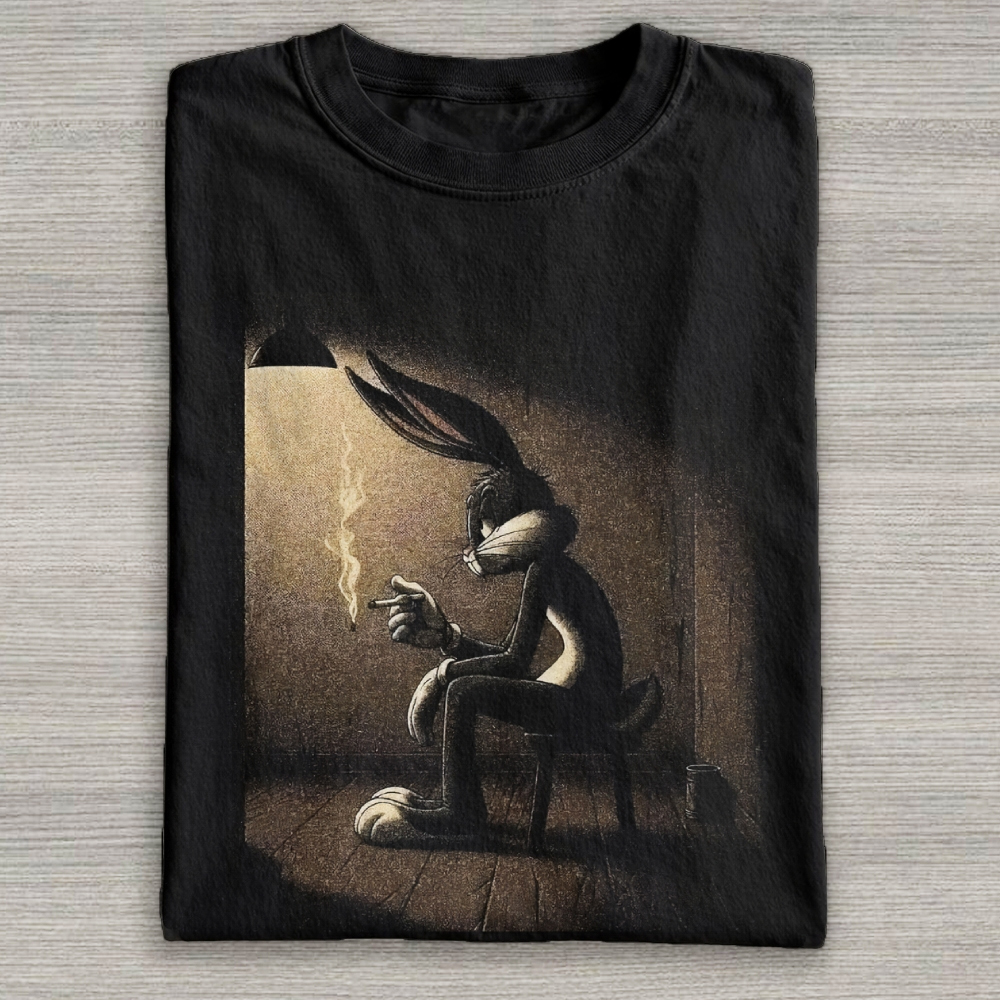 Melancholic Cartoon Bunny Noir Graphic Cotton T-shirt 