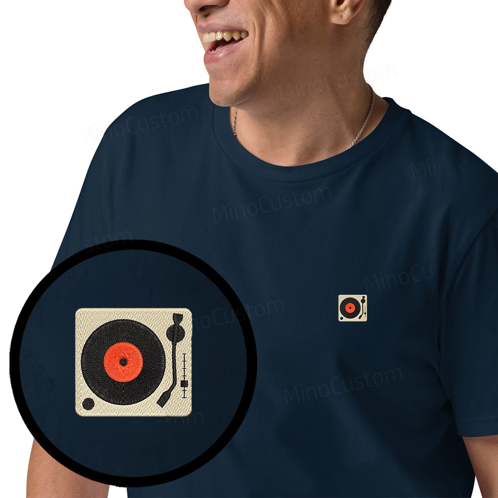 Embroidered record player organic cotton T-shirt unisex simple design