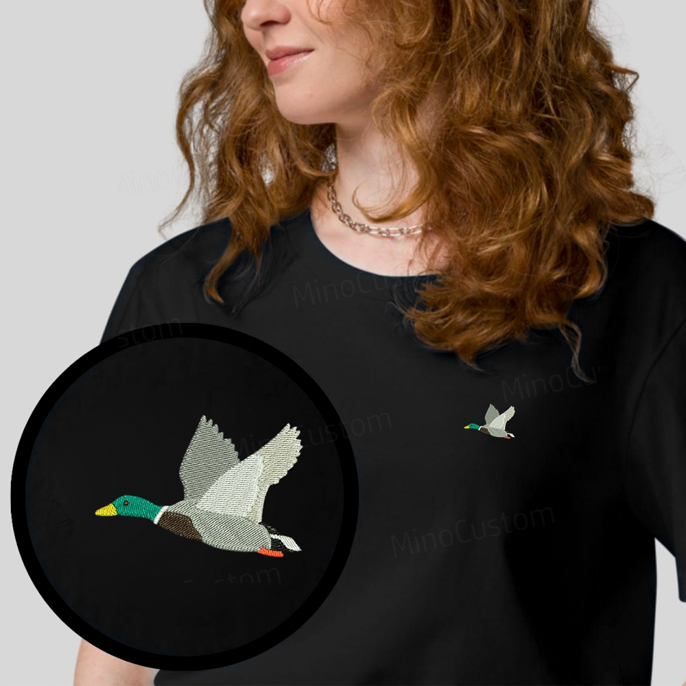 Embroidered flying duck machine organic cotton t-shirt unisex simple design