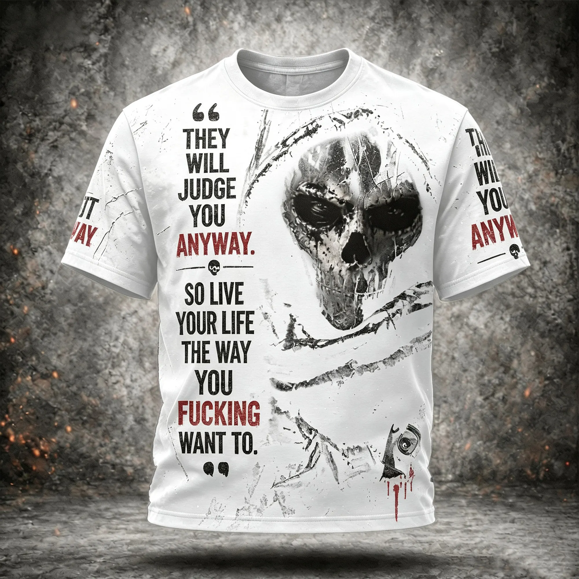 Men's Vintage Distressed Street Style Death Skull Pattern Inspirational Quotes Casual Short-sleeve T-shirt
