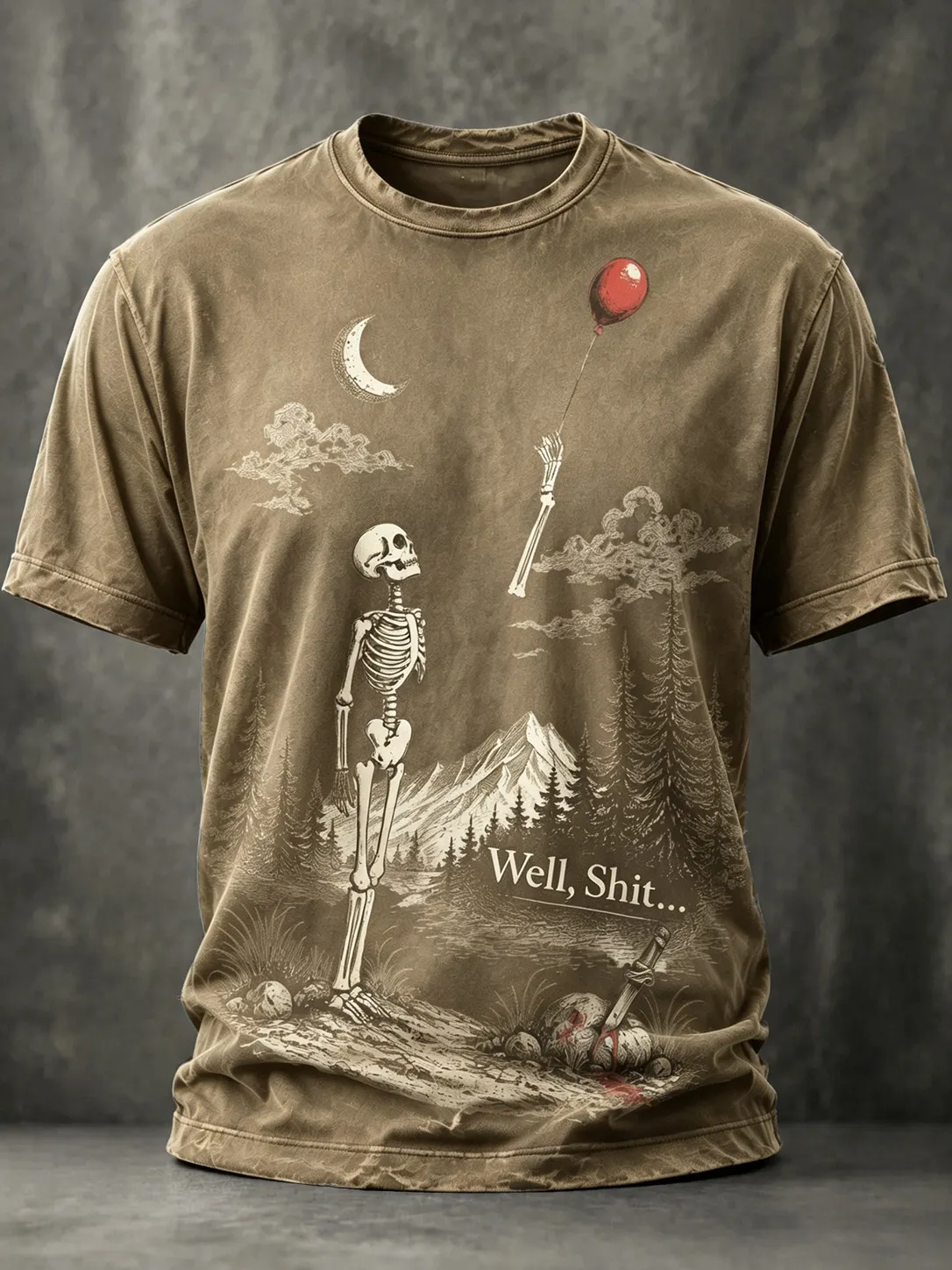 Men's Vintage Funny Skeleton Red Balloon Graphic Print Casual T-shirt