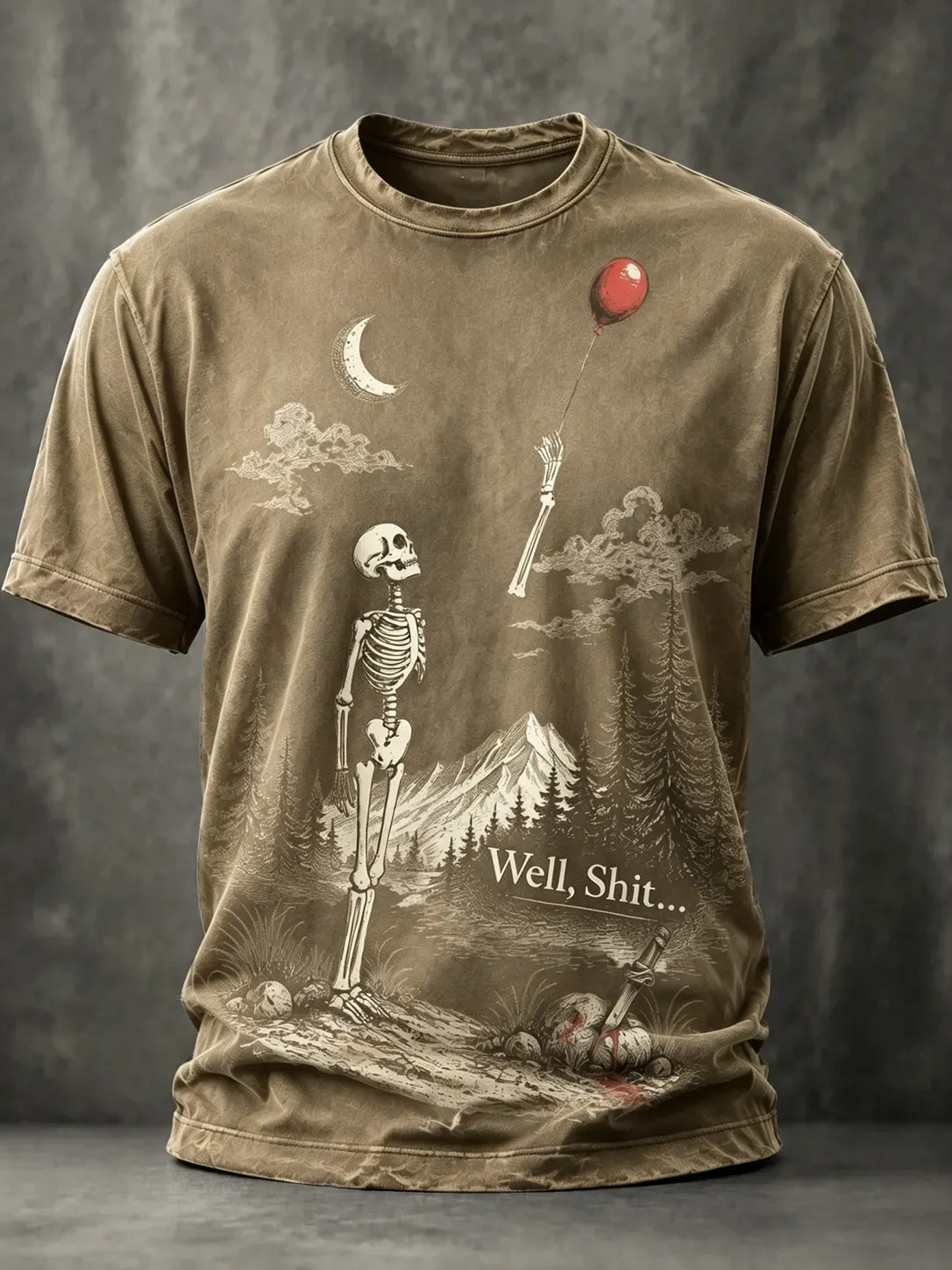Men's Vintage Funny Skeleton Red Balloon Graphic Print Casual T-shirt