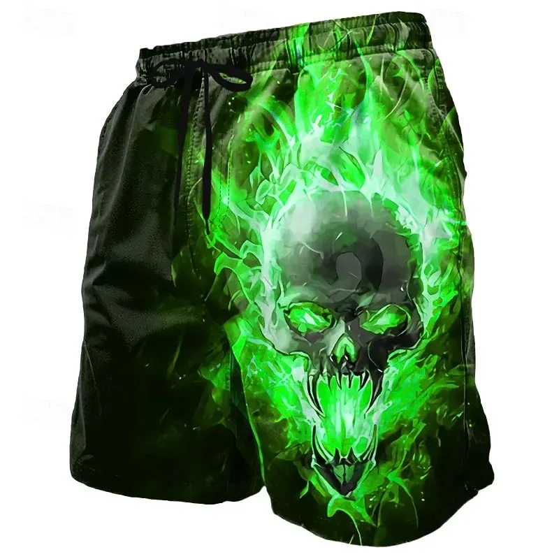Men's Retro Halloween Flame Skull Pattern Casual Shorts