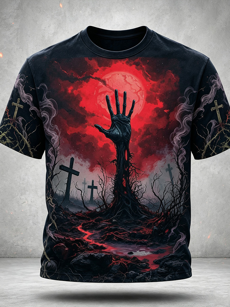 Men's Halloween Horror Zombie Hand Blood Red Moon Cemetery Cross Print Short-sleeve Punk Gothic Style T-shirt