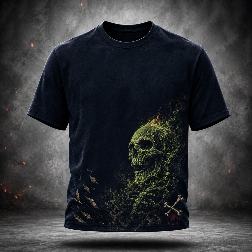 Men's Gothic Graphic T-shirt - Flaming Green Skull And Crossbones Print Casual Tee