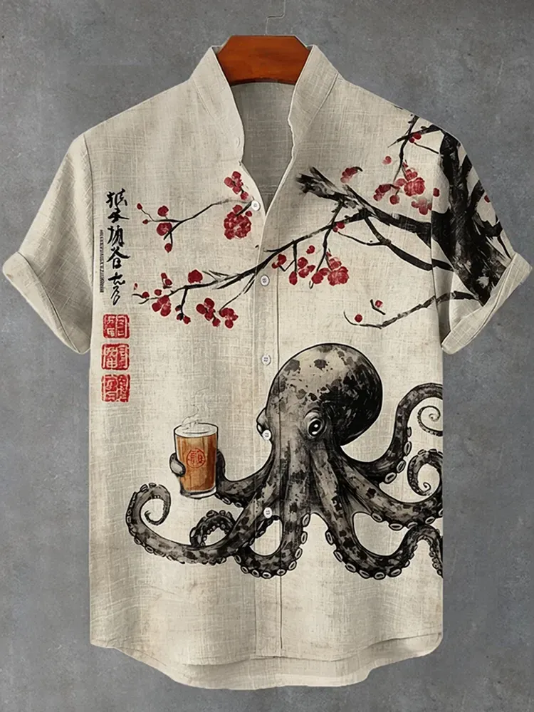 Men's Octopus Drinking Tea Under The Cherry Tree Stand-Collar Short-Sleeve Shirt