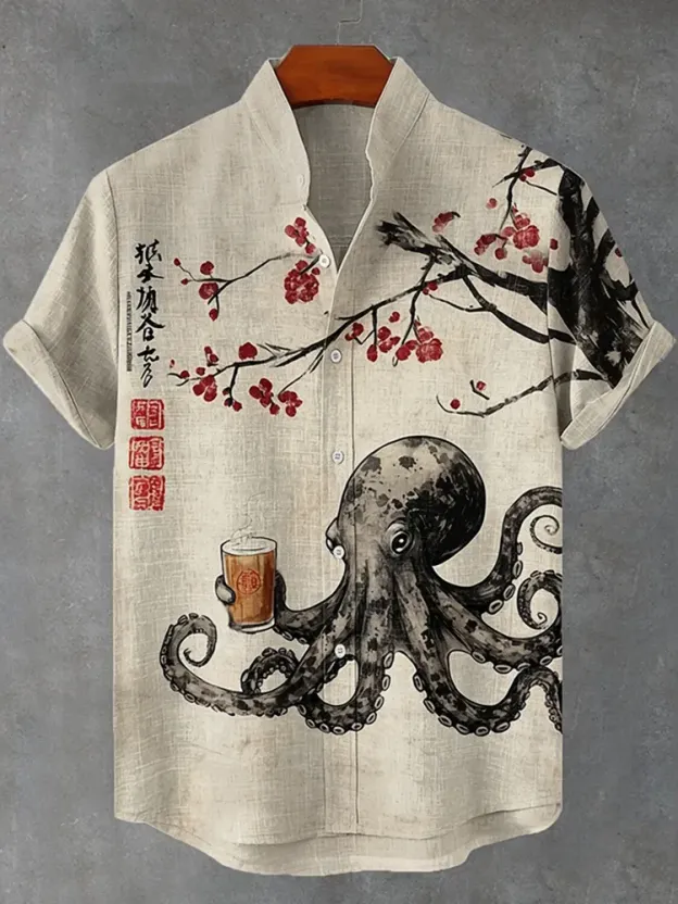 Men's Octopus Drinking Tea Under The Cherry Tree Art Print Casual Shirt