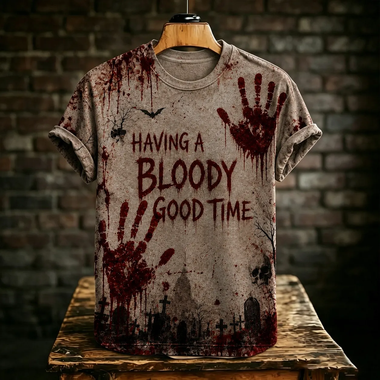 Men's Retro Halloween-themed Bloody Print T-shirt