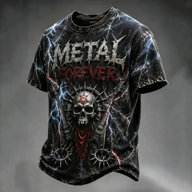 Men's Lightning Skull Metal Forever Print Casual T-Shirt