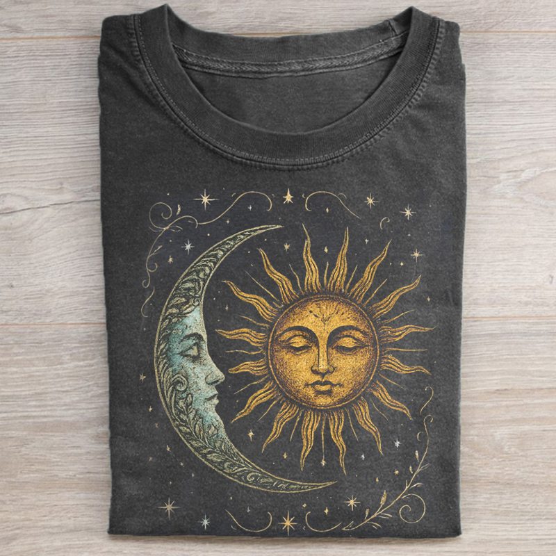 Boho Celestial Moon and Radiant Sun Spiritual Washed T-Shirt
