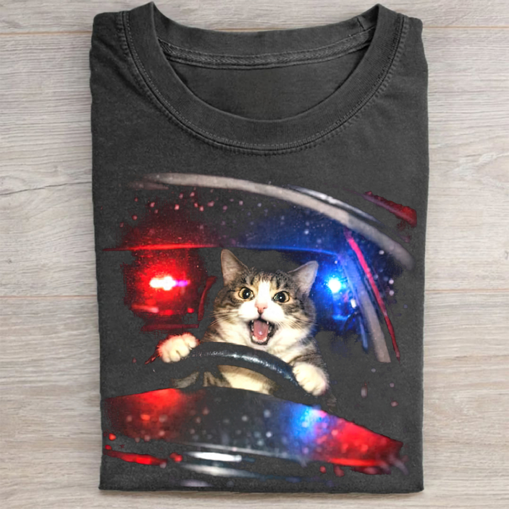 Surprised Cat Driver & Police Lights Washed T-Shirt 
