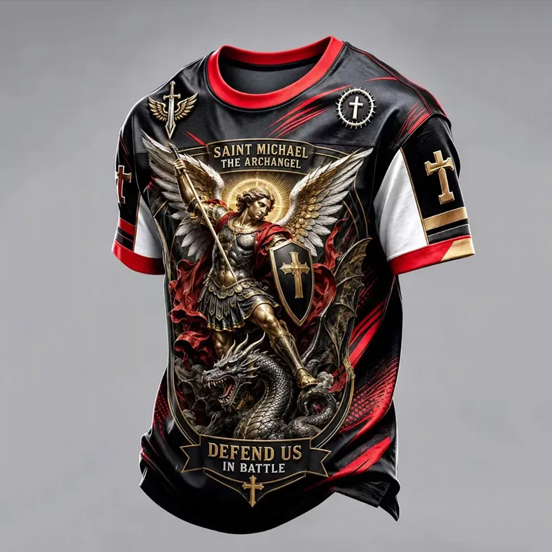 Men's Heroic Saint Michael Archangel Dragon Battle Faith Color Block Print T-Shirt