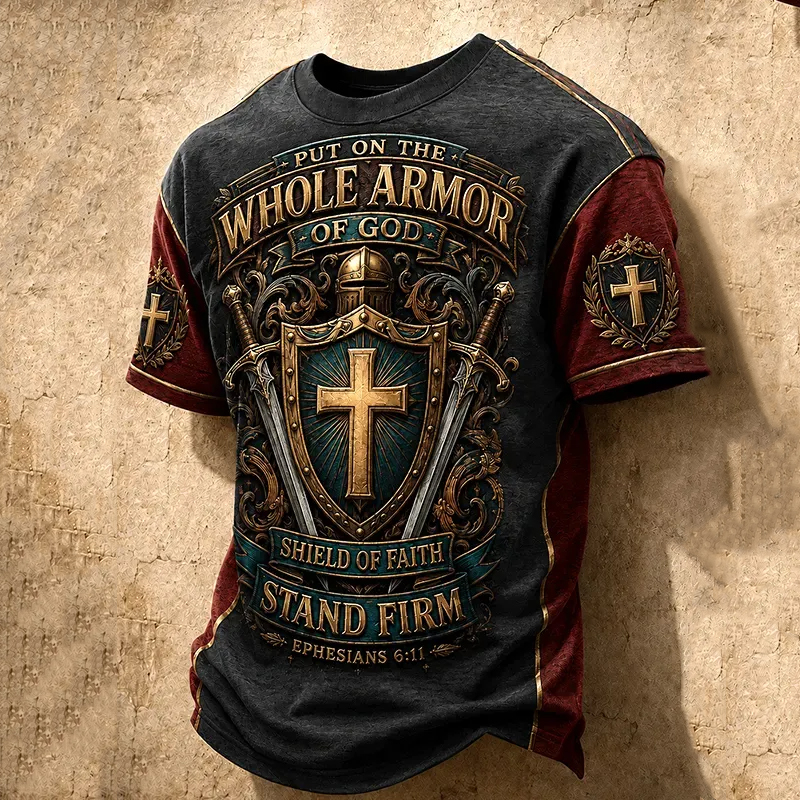 Men's Put On The Full Armor Of God Medieval Knight Armor Shield Of Faith Print Casual T-Shirt