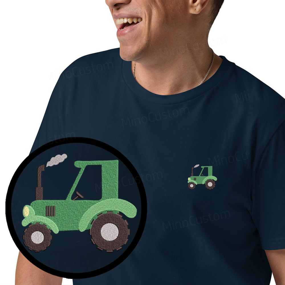 Embroidered Green Tractor Organic Cotton T-Shirt Unisex Simple Design