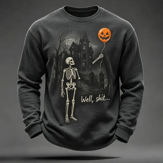 Men's Halloween Well Shit Skeleton Print Casual Sweatshirt