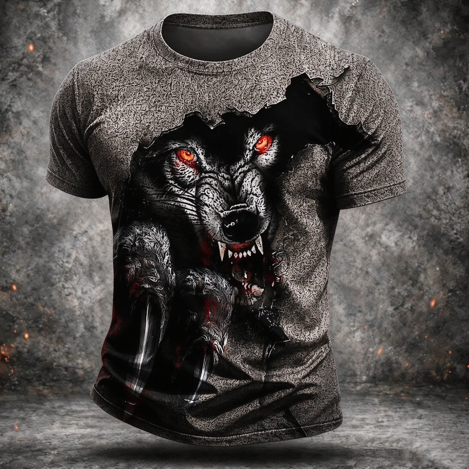 Men's Vintage Fierce Evil Wolf 3d Art Print Distressed Crew Neck Short Sleeve Top