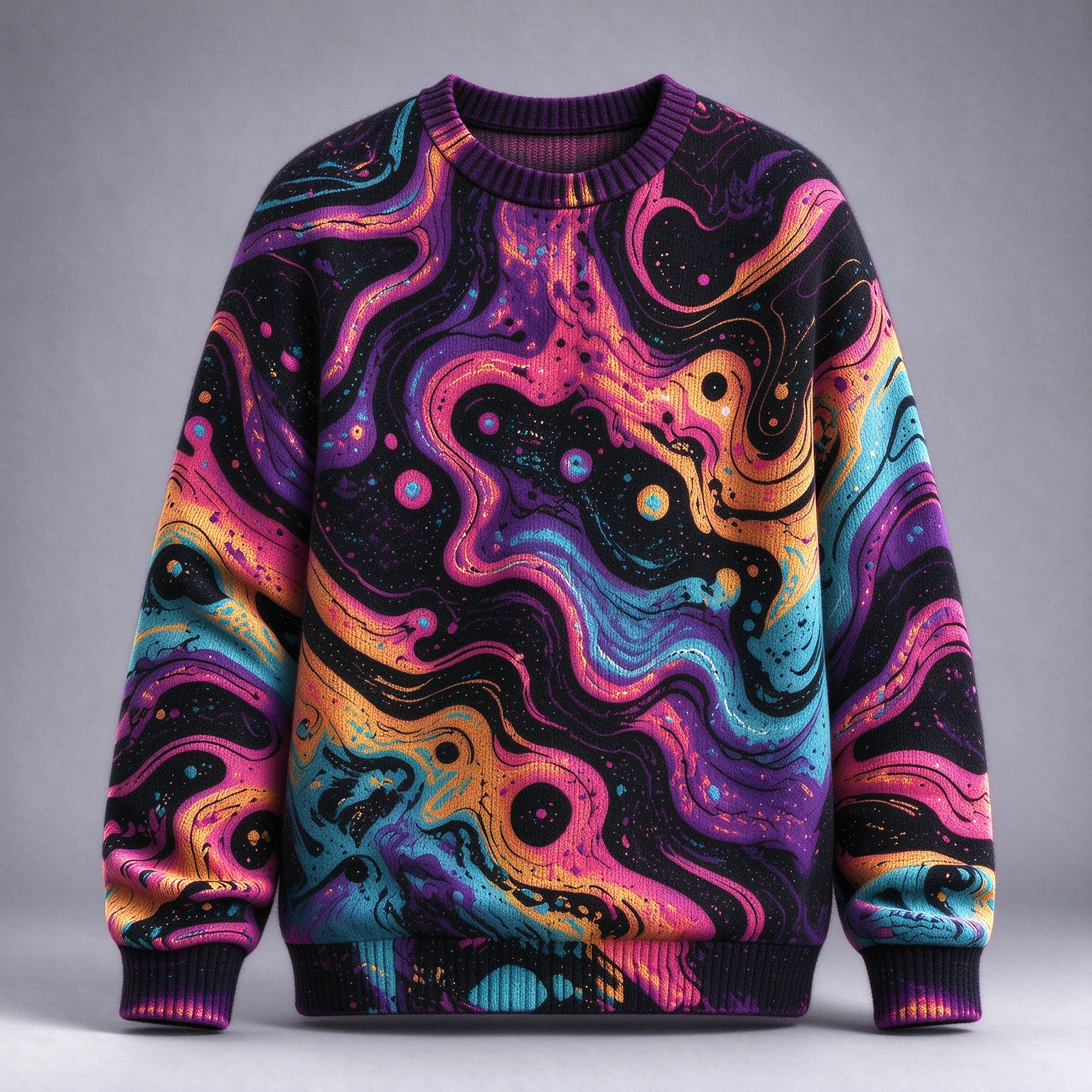 Men's Psychedelic Liquid Marble Pattern Crew Neck Sweater