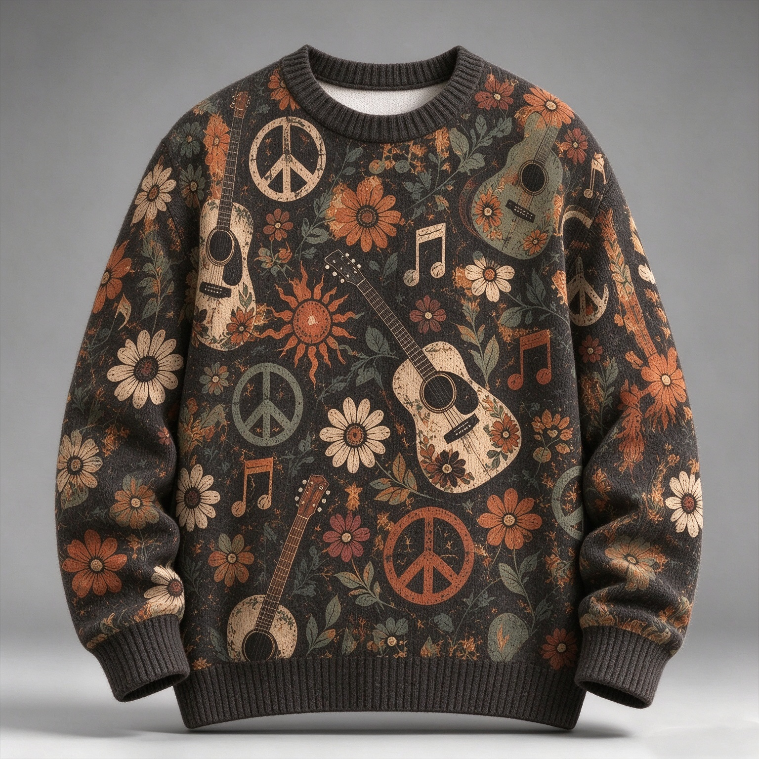Men's Vintage Floral Guitar And Peace Sign Knit Sweater