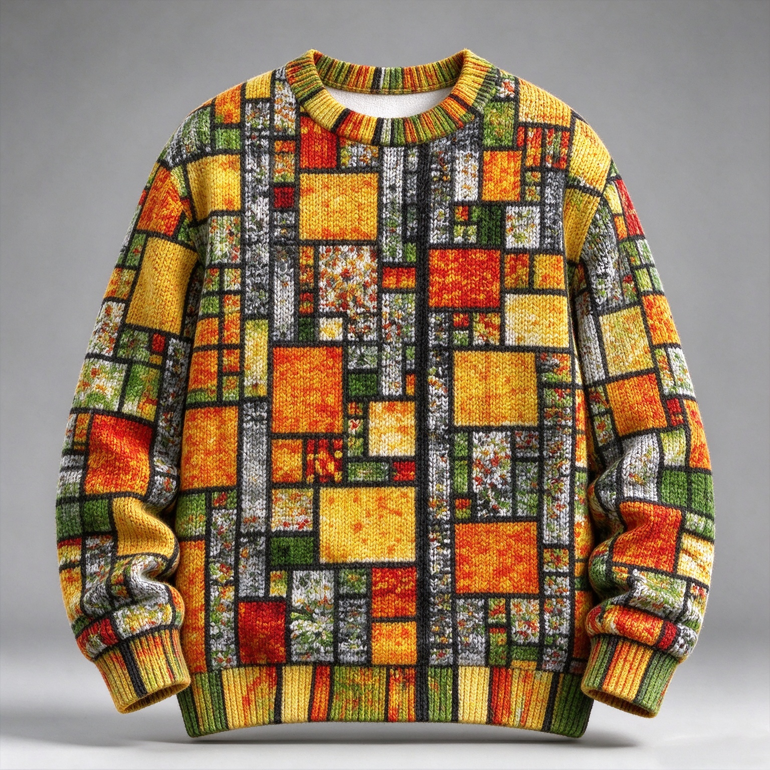 Men's Geometric Patchwork Colorful Print Casual Crew Neck Sweater