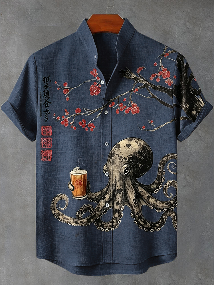 Men's Octopus Drinking Tea Under The Cherry Tree Art Print Casual Shirt