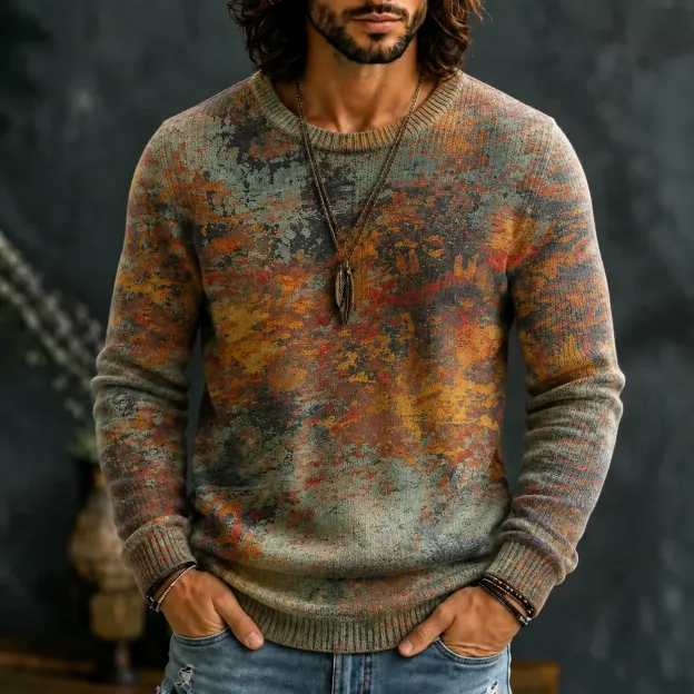 Men's Retro Ethnic Color Block Crew Neck Knit Sweater