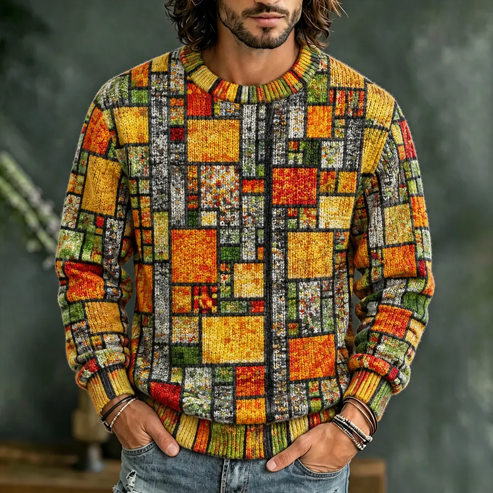Men's Geometric Patchwork Colorful Print Casual Crew Neck Sweater