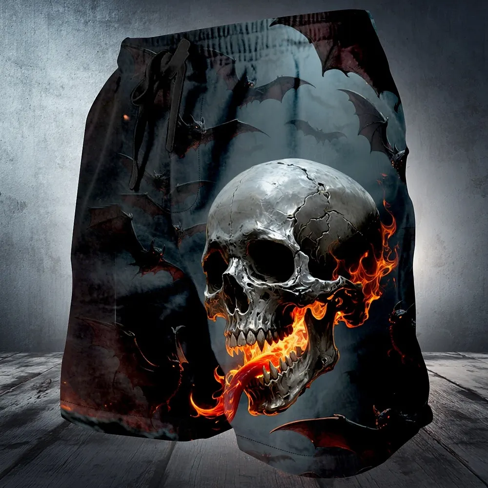 Men's Retro Halloween Flame Skull Pattern Casual Shorts