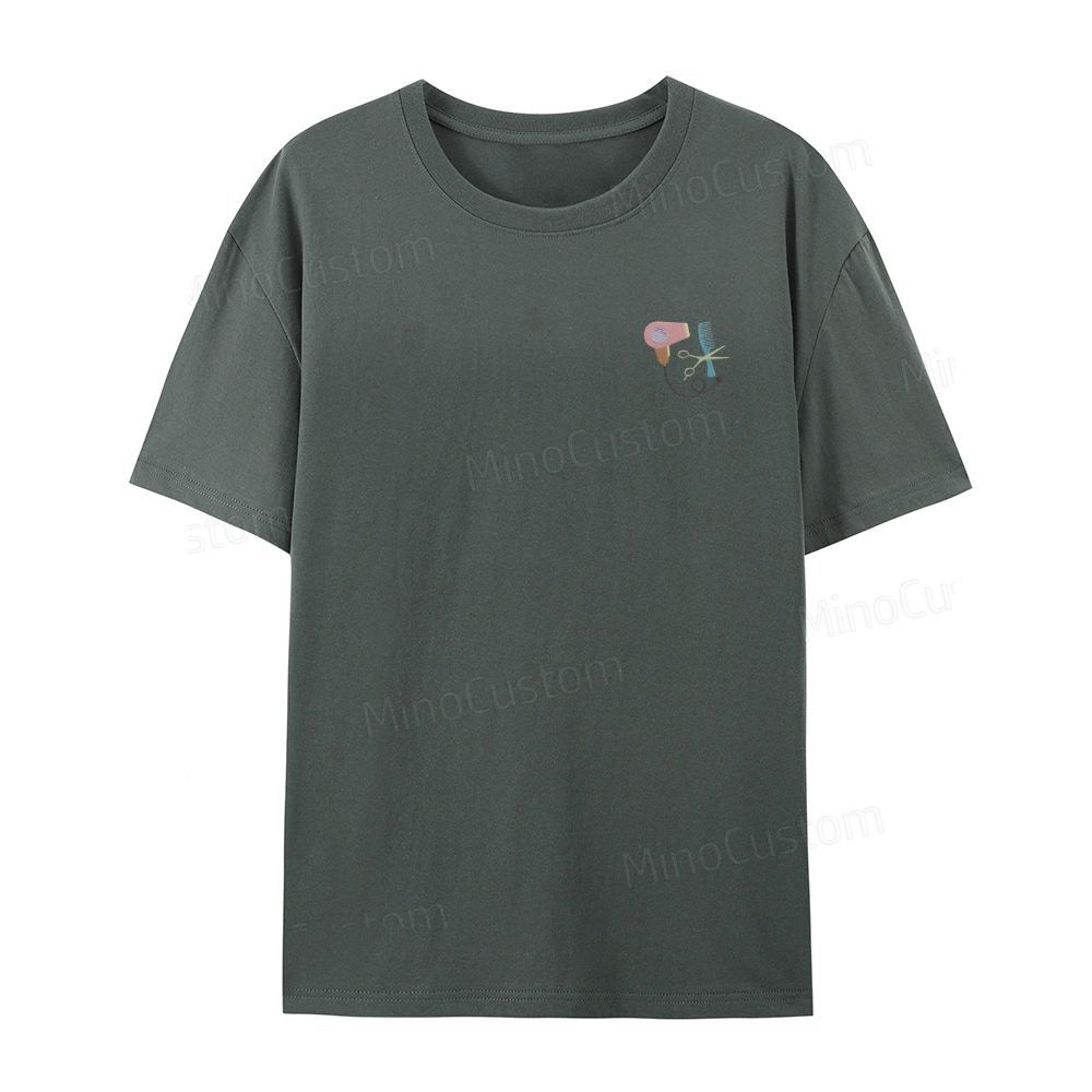 Embroidery hair dryer, scissors, comb organic cotton t-shirt unisex simple design