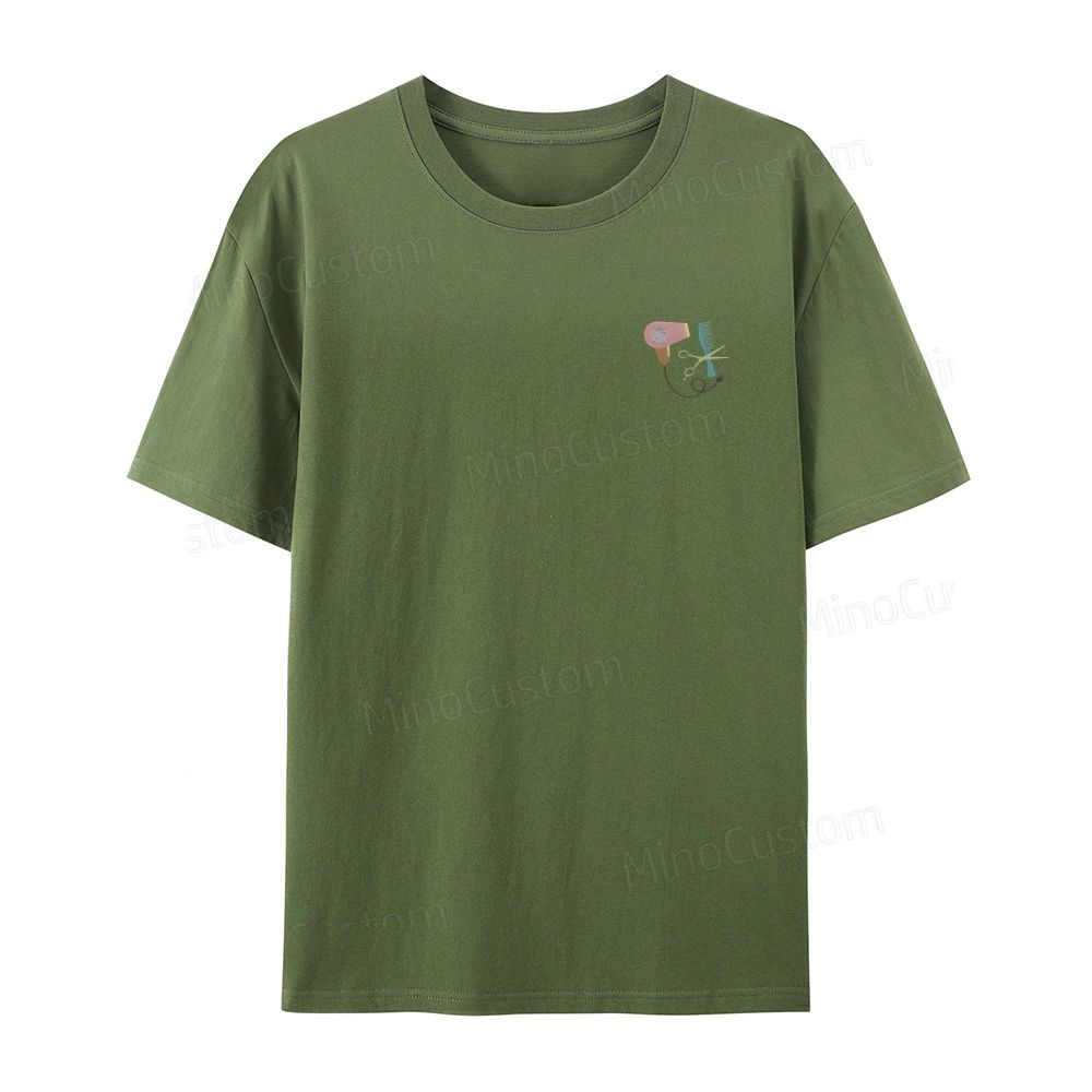 Embroidery hair dryer, scissors, comb organic cotton t-shirt unisex simple design