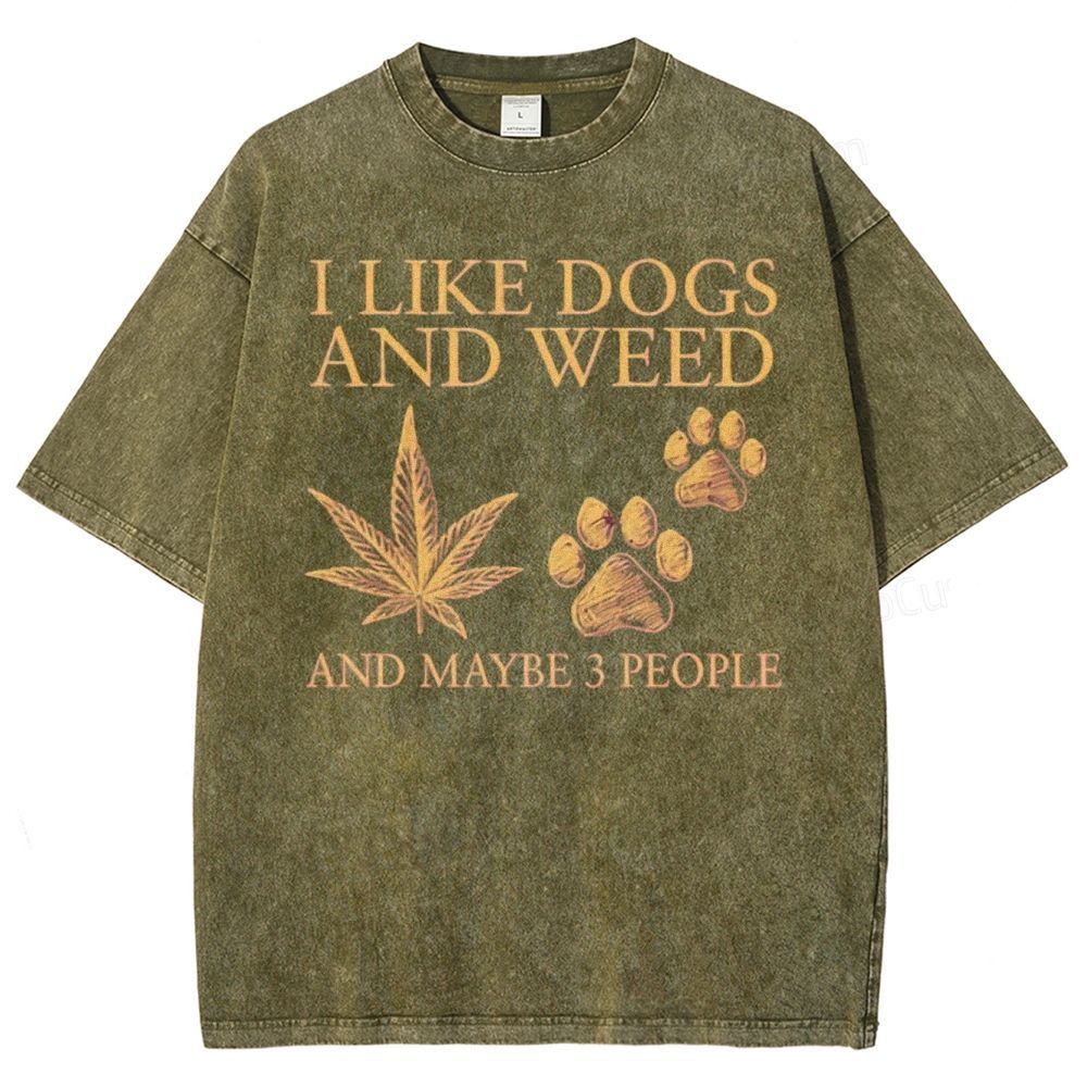 Vintage Washed T - Shirt with "I Like Dogs And Weed" Graphic