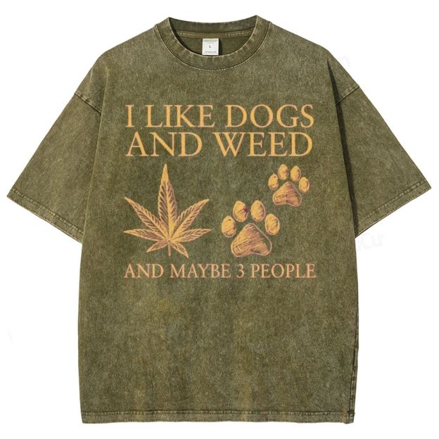 Vintage Washed T - Shirt with "I Like Dogs And Weed" Graphic