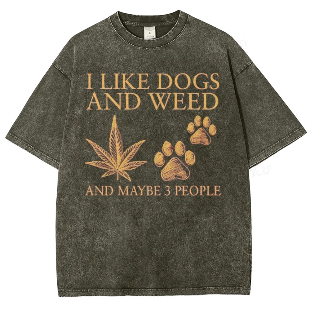 Vintage Washed T - Shirt with "I Like Dogs And Weed" Graphic