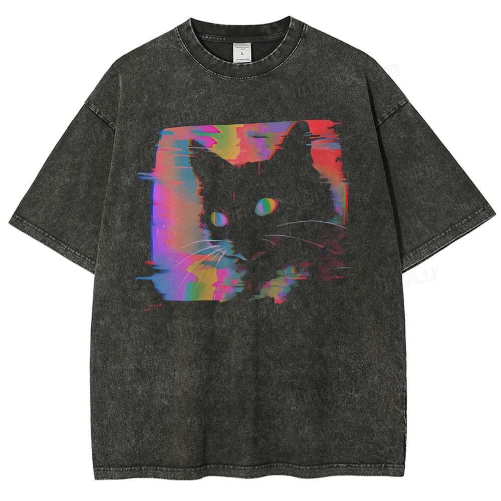 Psychedelic Weirdcore Cat Washed T-Shirt