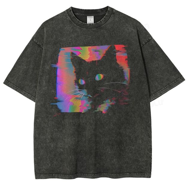 Psychedelic Weirdcore Cat Washed T-Shirt