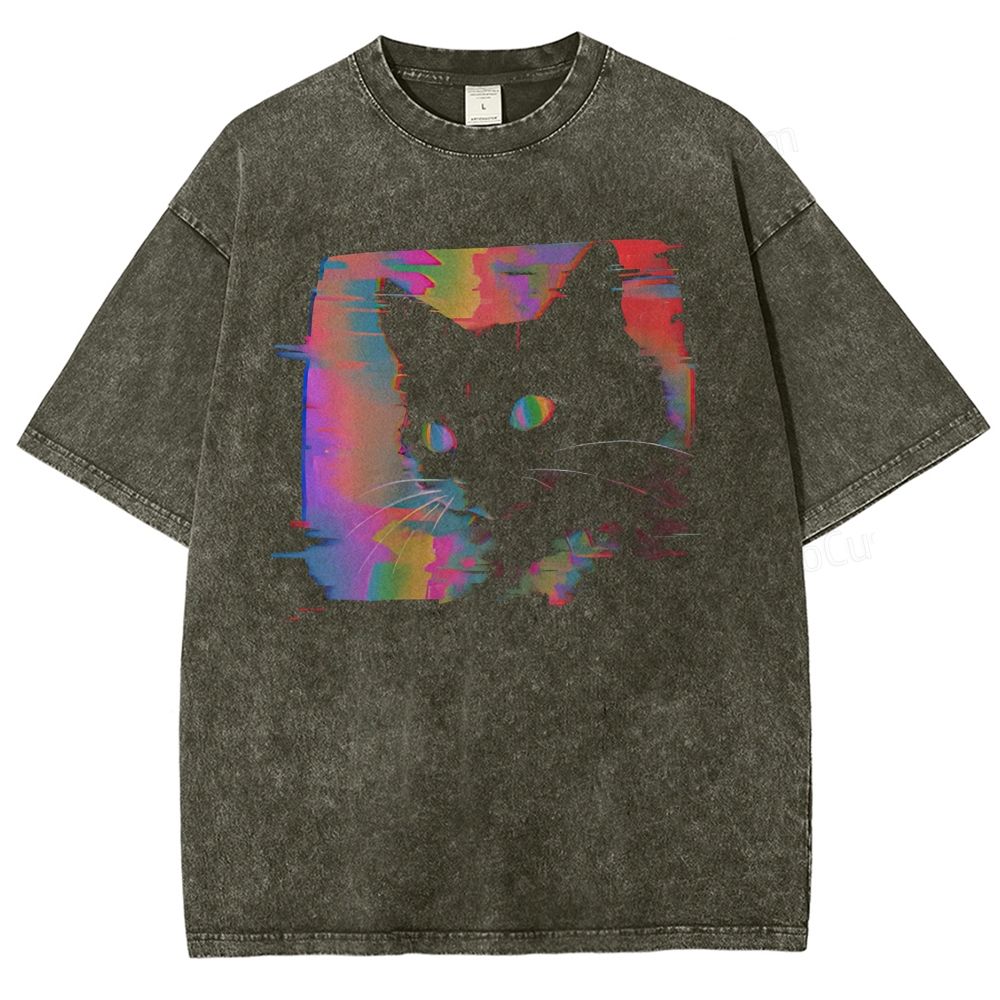 Psychedelic Weirdcore Cat Washed T-Shirt