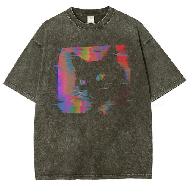 Psychedelic Weirdcore Cat Washed T-Shirt