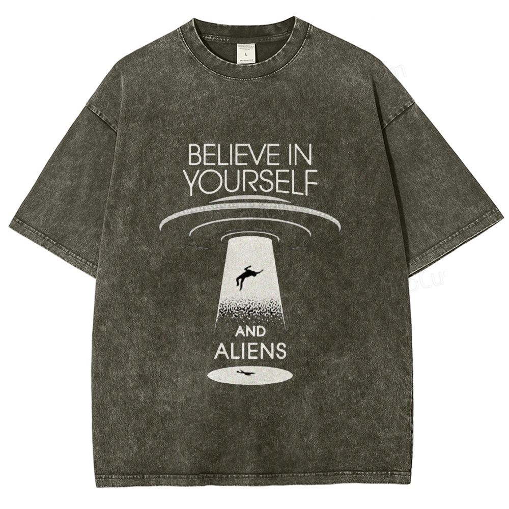 Washed "Believe in Yourself & Aliens" UFO T - Shirt