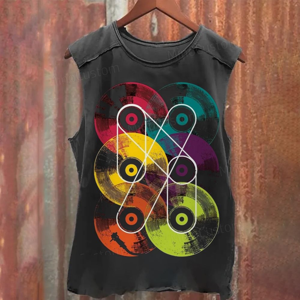 Washed with Colorful Vinyl Record Print Tank Top